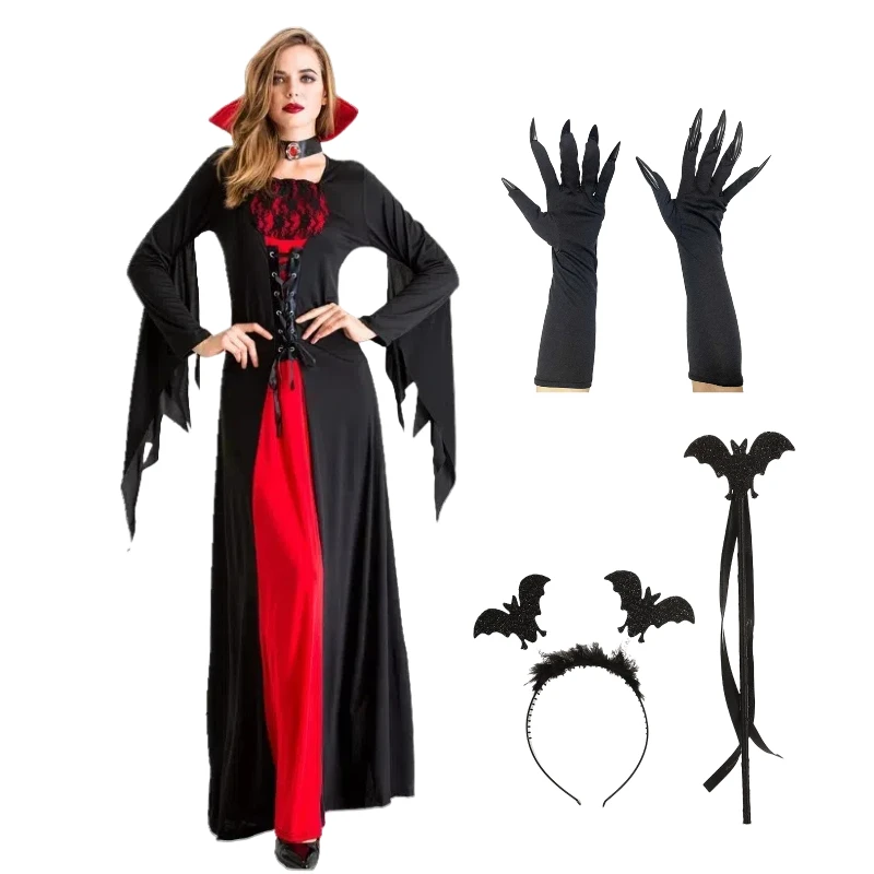 

Halloween Vampire Ghost Bride Cosplay Costume Witch Black Dress Medieval Retro Court Style Wizard Cos Full Set for Women
