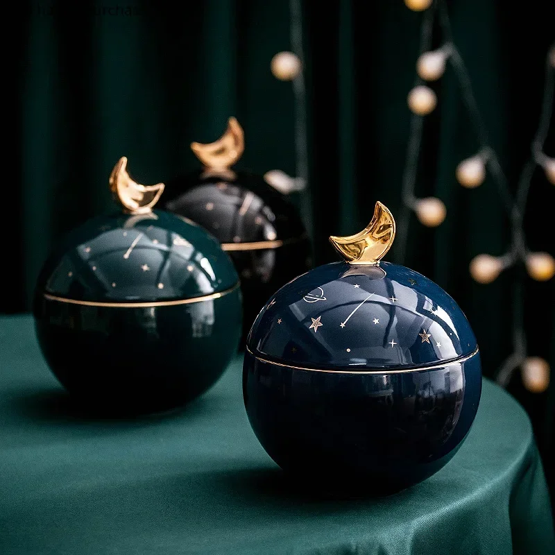 Ceramics Starry Sky Moon Storage Tank Home Decoration Accessories Candy Jar Decoration Storage Jar Containers Organize Box