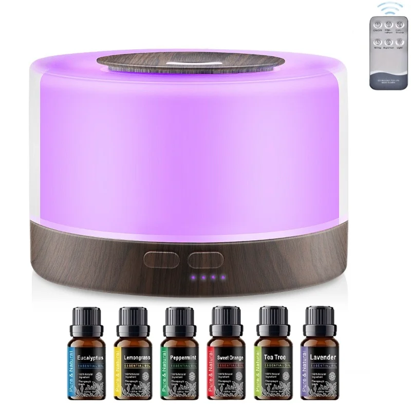 Stylish Wood Grain Diffuser, 16.91oz Cool Mist Humidifier with Remote, 7 LED Colors & 6 Essential Oil Scents, Aromatherapy Set