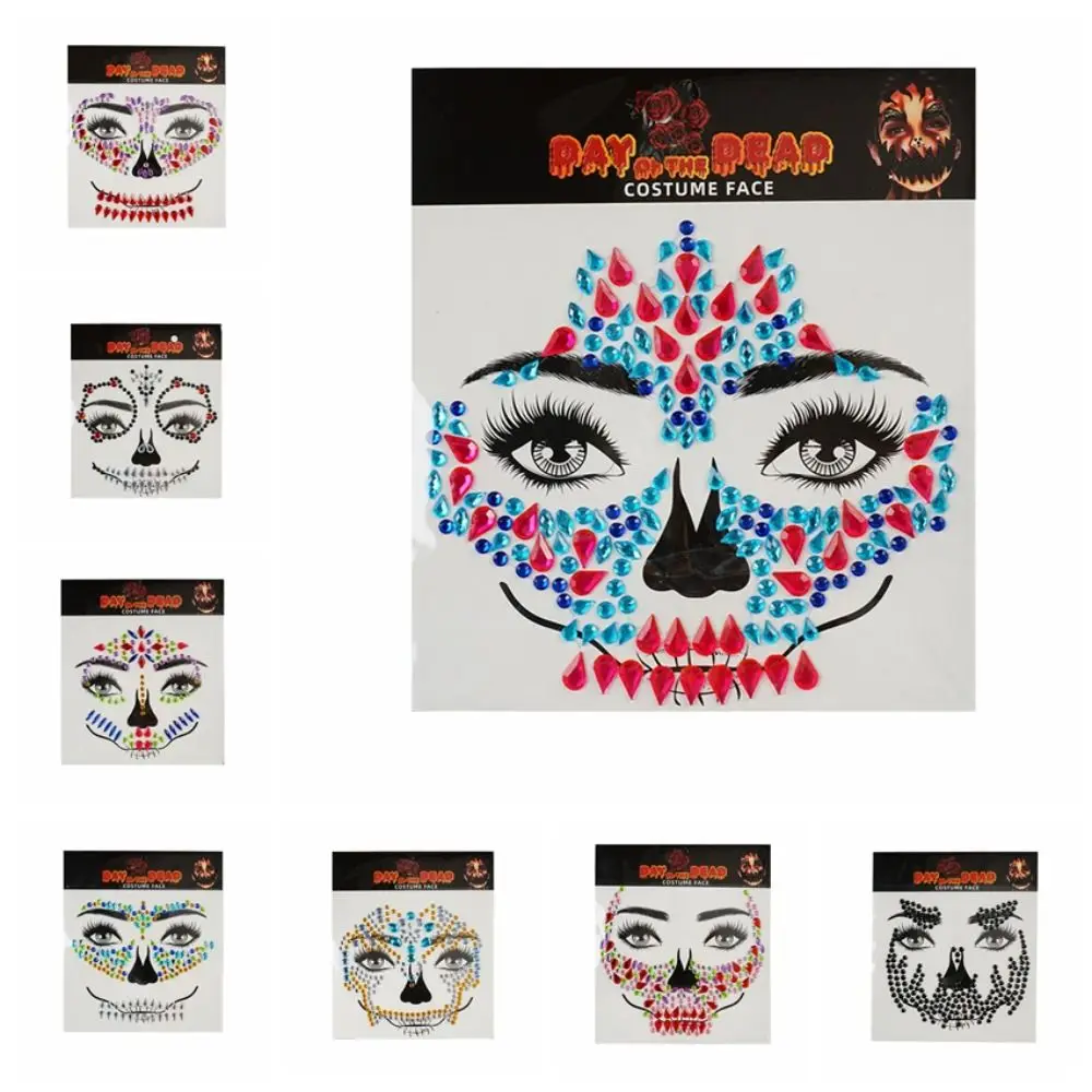 مضحك حجر الراين الوجه ملصق ملون كريستال DIY هالوين وهمية الوشم تأثيري الدعائم مهرج ماكياج الجمجمة الوجه ملصق