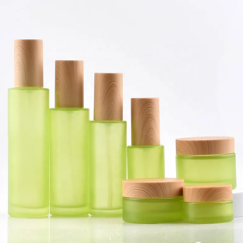 

20-100ml Frosted Green Essence Toner Lotion Spray Bottle Travel Cosmetics Glass Bottles 20g 30g 50g Face Cream Jars Wholesale