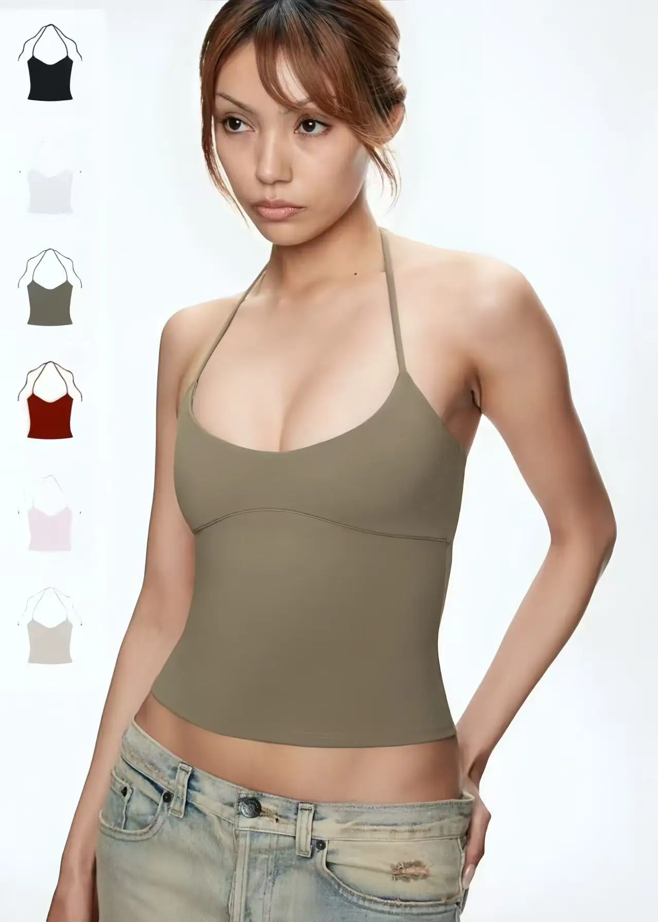 

Tank multi-color adjustable strap halter neck crop top cherry red and pink spaghetti strap back cutout design top