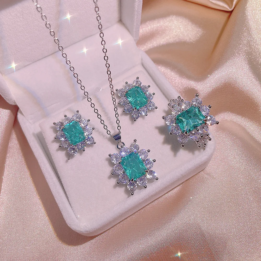 925 Silver Vintage Rectangle Emerald Jewelry Set Halo Starburst Zircon Necklace Earrings Women Party Ornaments