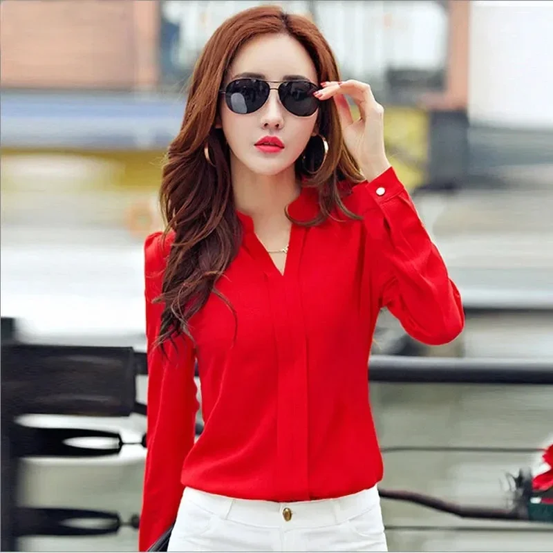 

Long Sleeve Shirt Women Autumn Clothing Fashion Slim Chiffon Blouse V-Neck Korean Elegant Office Lady Shirts Basic Womens Tops