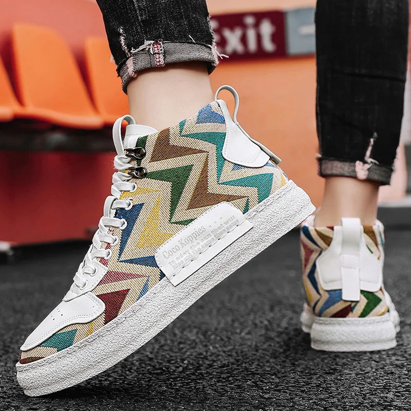 New Designer Print Canvas Shoes for Men 2024 Harajuku Style Blue High Top Sneakers Men Espadrilles Breathable Vulcanized Sneaker