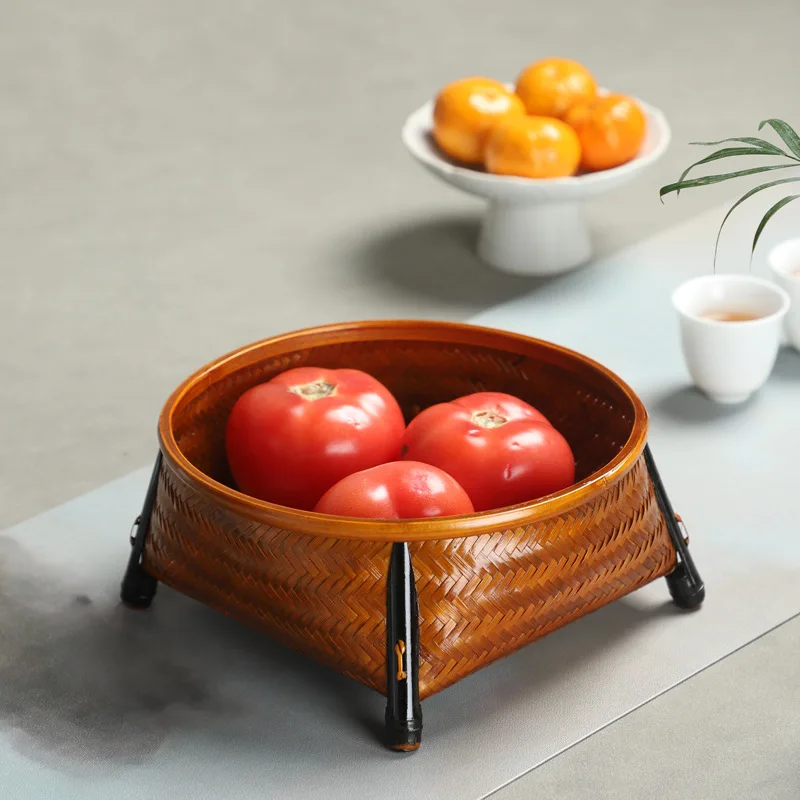 

Bamboo Woven Snack Basket Handmade Round Fruit Tray Vintage Chinese Tea Serving Plate Natural Storage Bin for Kitchen Home Decor