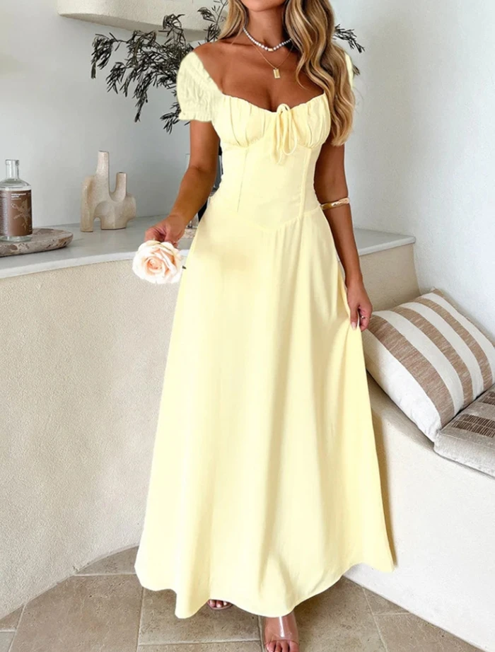 

Women's Dress Elegant Solid Color Sweet Lace Up Low Cut Ruched Design Corset High Waist Bubble Short Sleeve French Maxi Dress