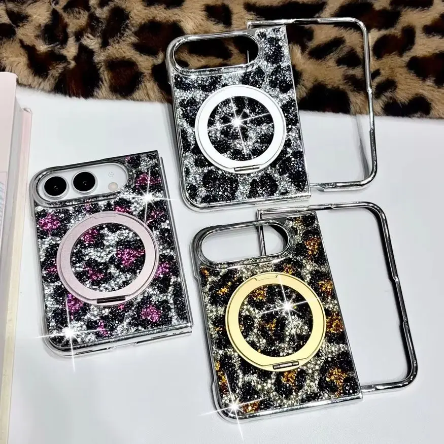 Y2K Trendy Shimmer Glitter Leopard Electroplated Frame Phone Case for iPhone Duo 360 Rotating Ring Bracket Protective Cover