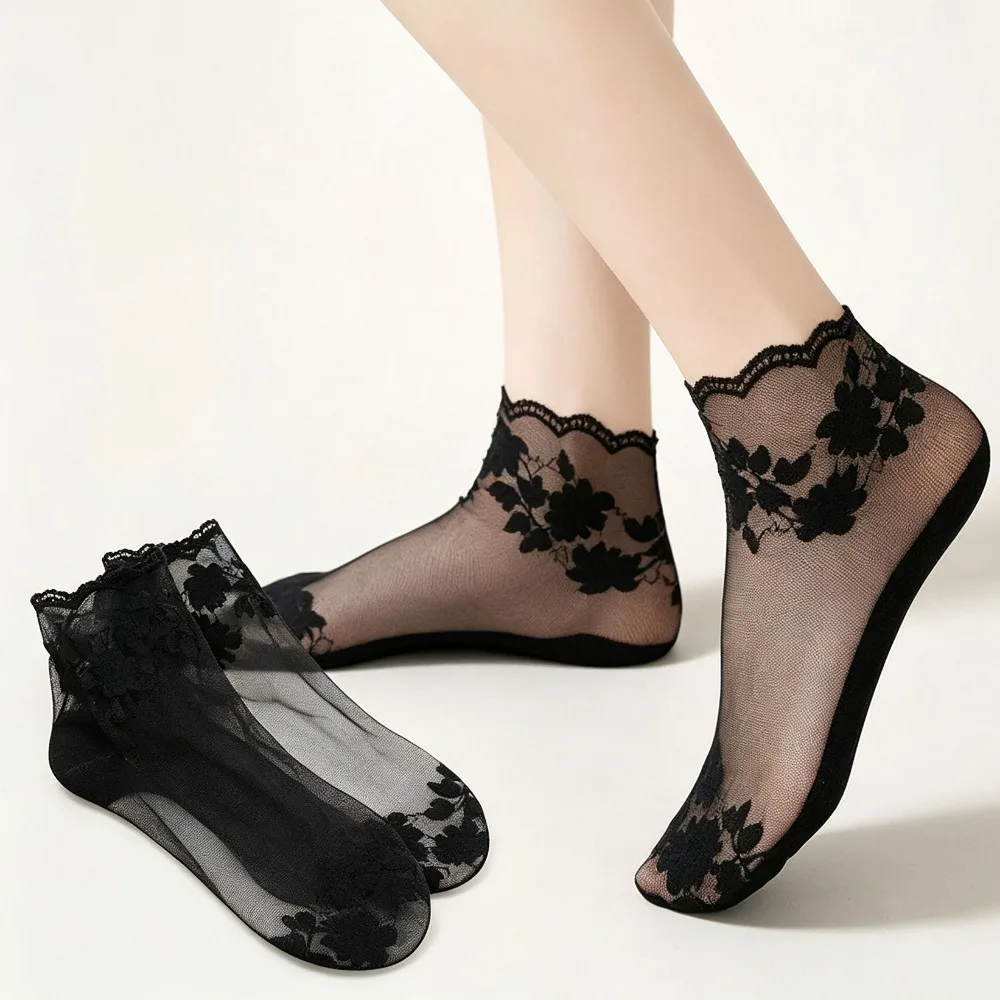 Women Summer Lolita Mesh Lace Transparent Thin Socks Non Slip Low Cut Black Invisible Boat Ankle Socks
