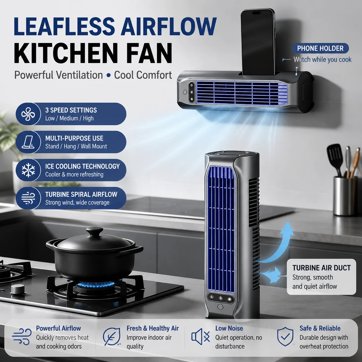 Commercial Kitchen Ventilation - พัดลมติดผนังแบบพกพาสำหรับฤดูร้อน 3 ระดับความเร็ว พร้อมระบบทำความเย็นพิเศษ เงียบสงบ