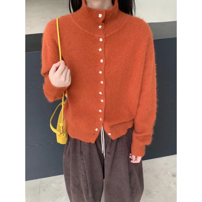 Non-Balloning Knitted Sweater Cardigan Women's Top Dongguan Daliang High-End Spring 2025 New Arrival Long Sve Stand Collar