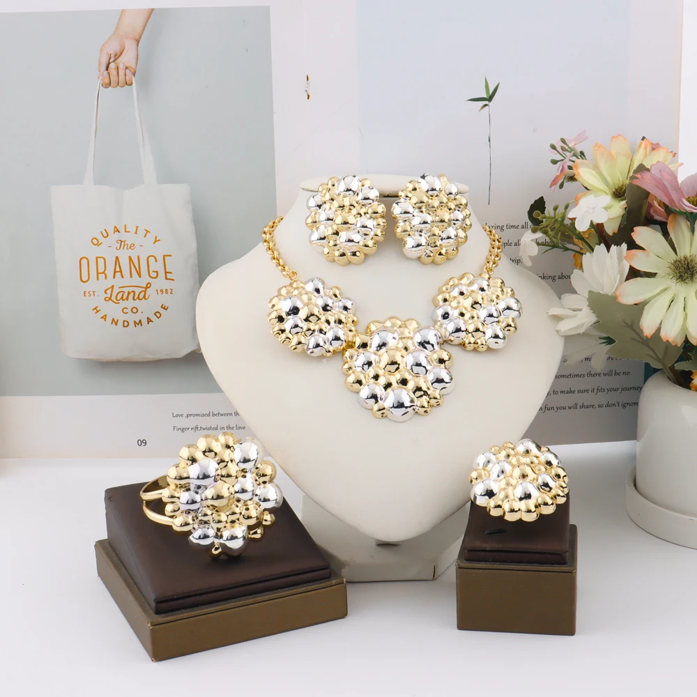 Woman Jewelry Set France Gold Plated Necklace Earrings Ring Bracelet Trend African Round Ball flower 4pcs Jewelery set Party Gif