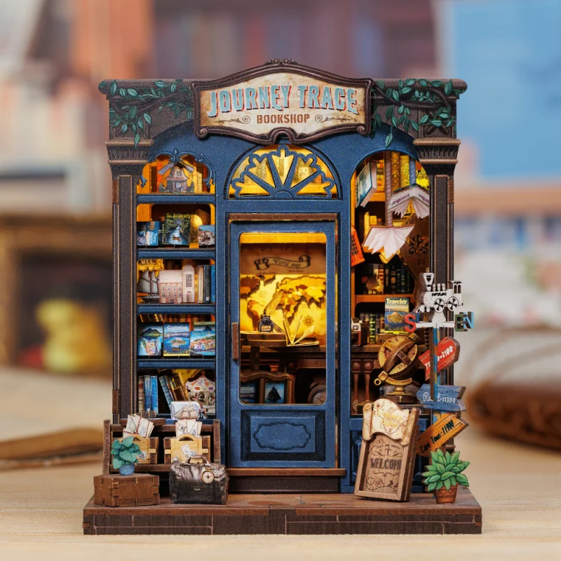 CUTEBEE DIY Booknook Kit Miniature Dollhouse with Light Bookshelf Insert Home Decor Wooden 3D Puzzle for Journey Trace Bookshop