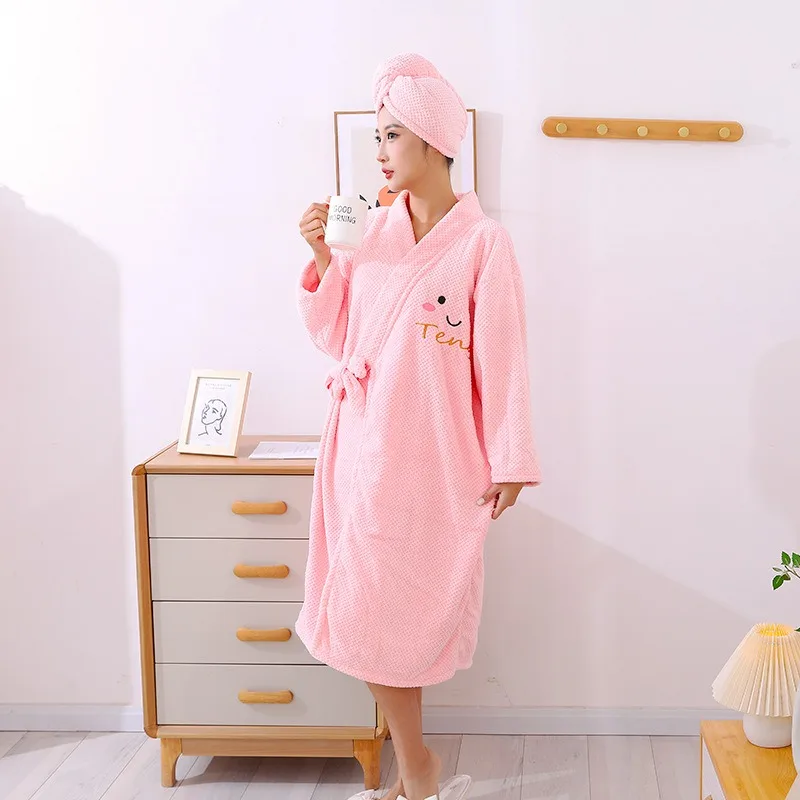Winter Bathrobe for Women Thick Coral Fleece Long Sleeve Wearable Towel with Cross Tie Belt