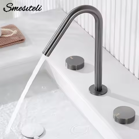 3PCS Gunmetal Basin Faucet Hot and Cold Tap Deck Mounted Knurled Knobs 3 Holes Widespread Faucet Streamlined Water Spout