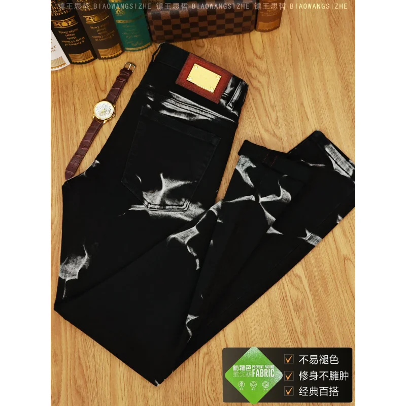 Jeans preto masculino outono e inverno 2025 novo estilo high-end impresso calças de perna pequena