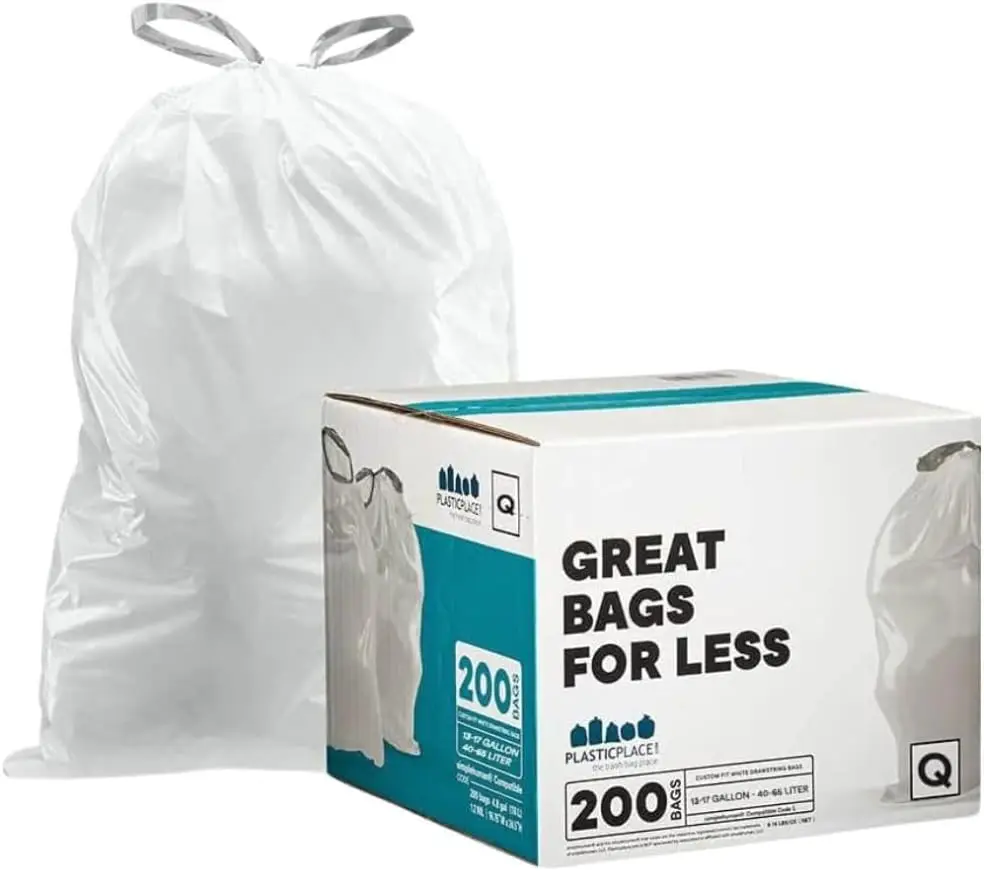 

Trash Bags, Q (200 Count) White Drawstring Garbage Liners 13-17 Gallon, 25" x 32.5" USA