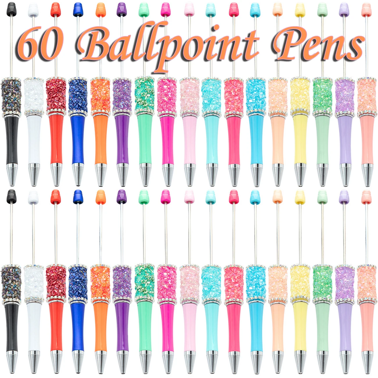 60Pcs Crystal Crushed DiamondsBead Pen Wholesale Creative DIY Handmade Sticker Set Diamond Beaded Ballpoint Pens