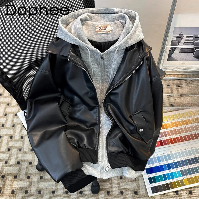 

Men's 2025 Autumn Winter New Faux Leather Coat Loose Comfort Motorcycle Jacket Splicing Faux Two-Piece Hooded PU Leather Jackets