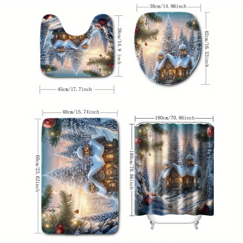 1/4pcs Christmas Pine Forest Snow House Printed Curtain, Waterproof Polyester Fabric, Shower Curtains for Walk-in Showers