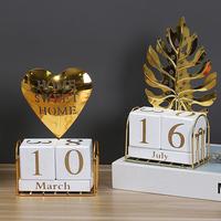 Perpetual Calendar Wooden Perpetual Block Calendar with Iron Leaf Figurine for Home Office Decor Wood Metal Desk Block Annual