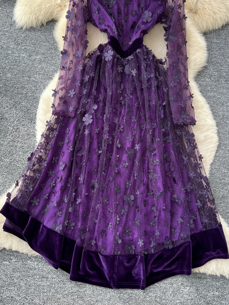 Sukienka damska w kształcie litery A z bogatym haftem, kwiatami 3D, tiulową tkaniną i wyszczuplającym krojem w talii, idealna na sezon jesienny.