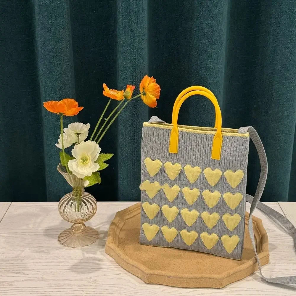 

Fashion Love Series Knit Handbag Cartoon Reusable Knot Wrist Bag High-capacity Polyester Shoulder Bag for Girl