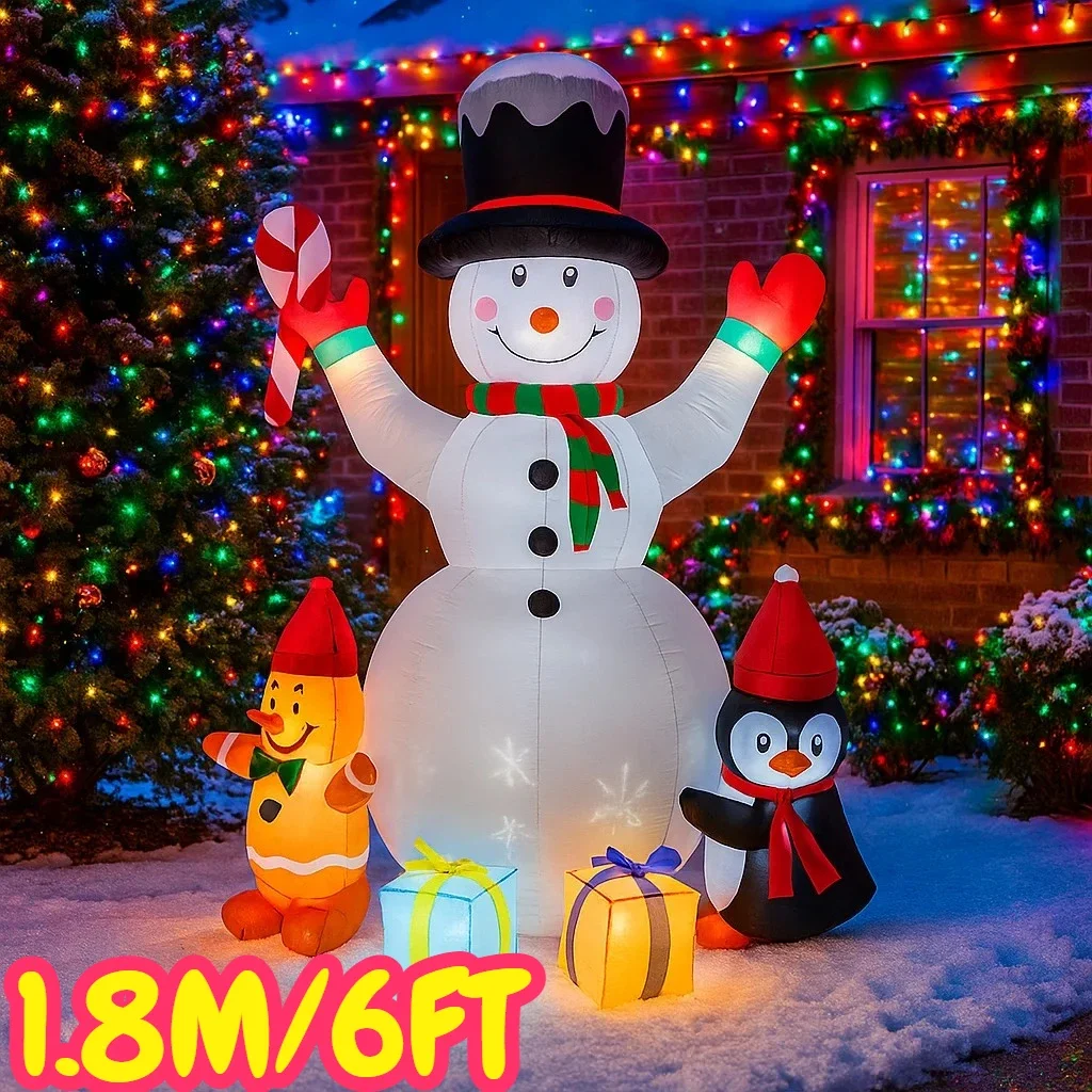 1.8M/6FT Christmas Decorations Inflatable Toy Snowman Penguin Home Yard Xmas Ornaments LED Decor Christmas Candy Cane Party Toy