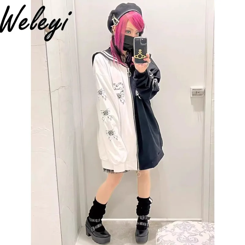 

Jirai Kei Y2k Bow Navy Collar Hoodies 2024 Autumn Streetwear New Cute Mine Subculture Long Sleeve Heart Sailor Suit Loose Coats