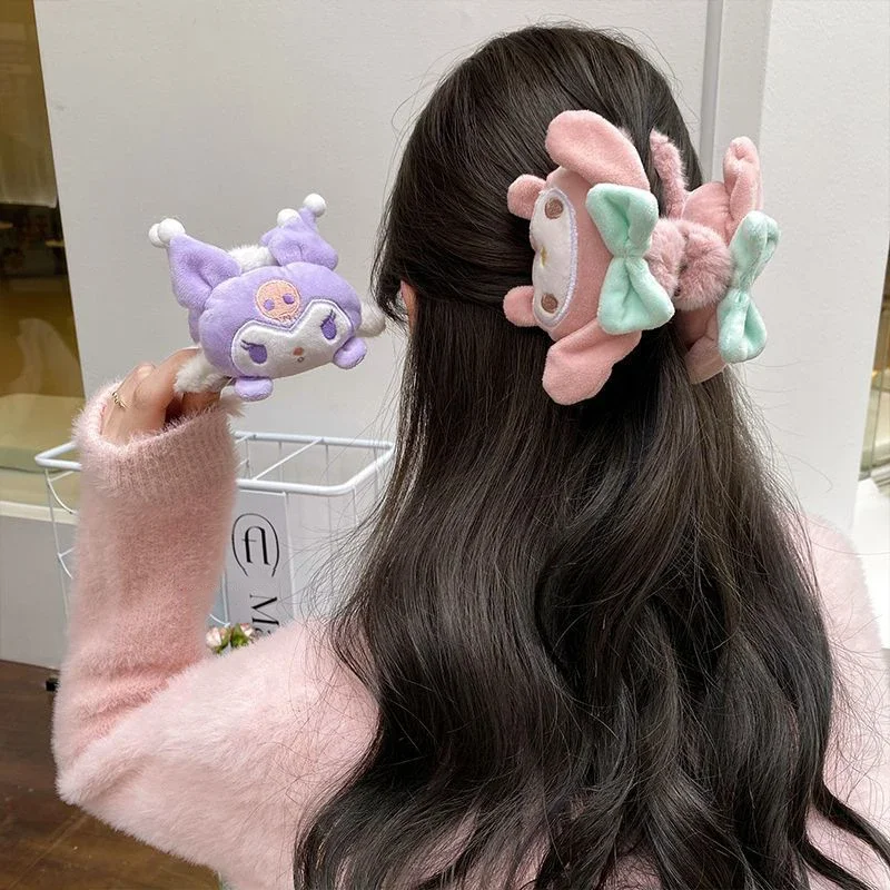 Sanrio Kuromi Plush Hairpin Clip Cartoon Cinnamoroll Melody Cute Two-Sided Shark Grab Clip Plush Headwear Girl Birthday Gifts