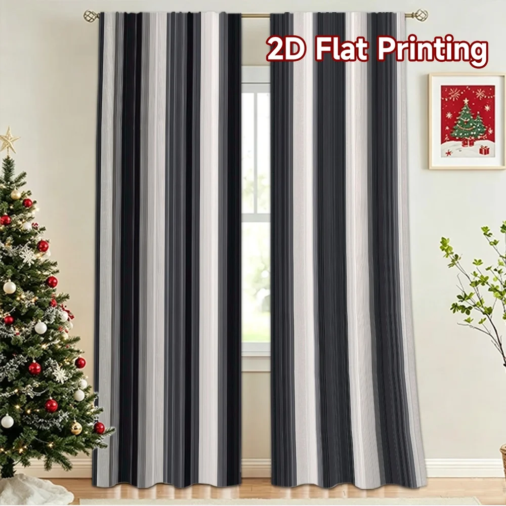 2D flat 2pcs Curtain Retro Country Style Black Gray White Stripes Durable polyester fiber Party Decorations Perfect for Entryway