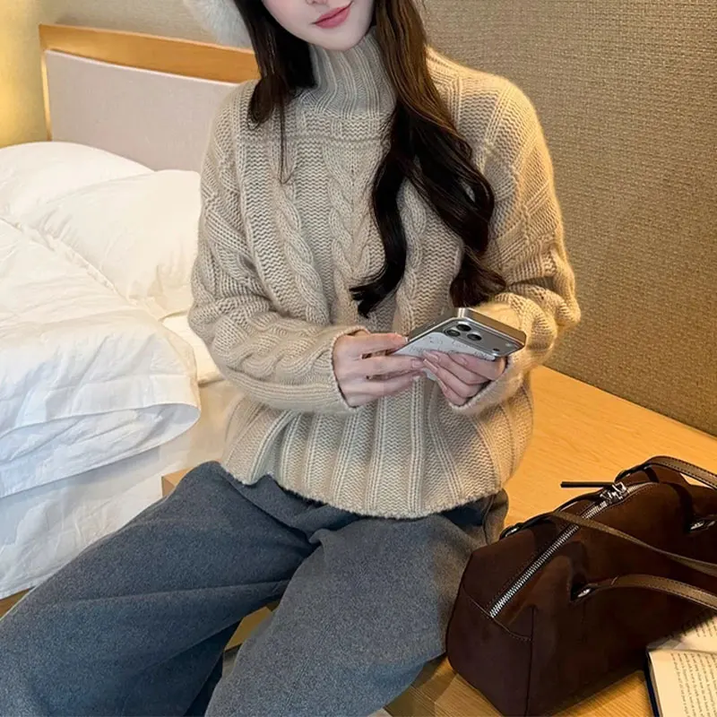 

Модный женский вязаный свитер большого размера с высоким воротником, облегающий, осенне-зимняя новинка