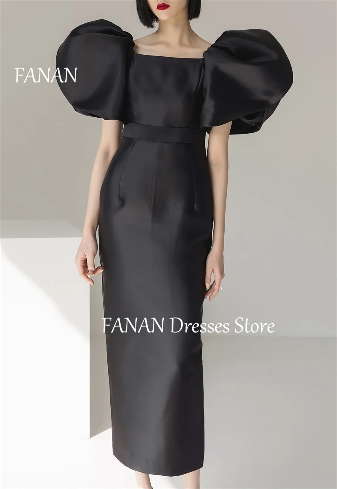 

FANAN Square Neck Black Satin Fashion Evening Party Dresses Puff Sleeves Sheath Japan Simple Women Formal Gowns Event Prom Gowns