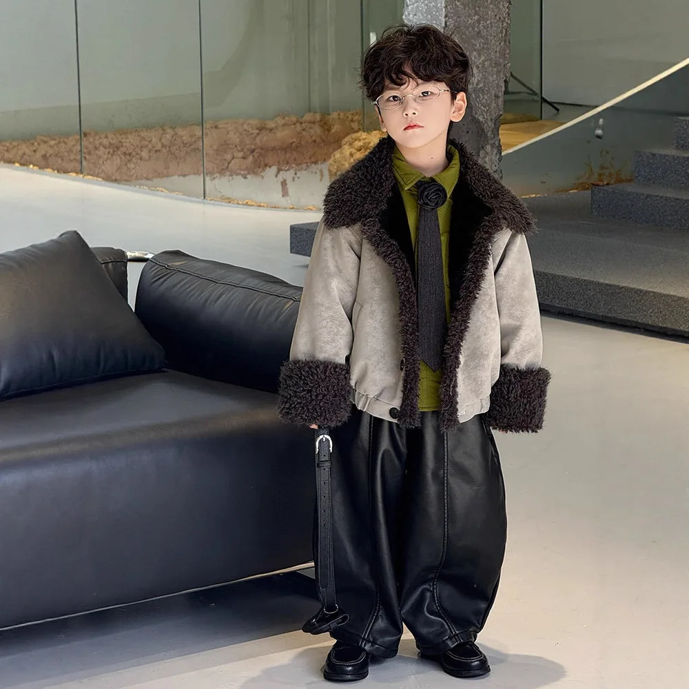 Boys Kids Leather Jacket Autumn Winter Thicken Warm Faux Fur Wide Lapel Coat Stylish Casual Fleece Outerwear for Toddler Boy 8 Y