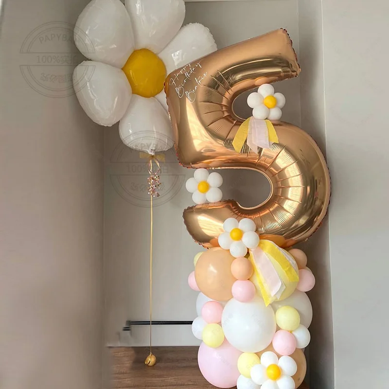 

58pcs Daisy Balloon Kit Gold Number Yellow Pink White Latex Balloon For Birthday Baby Shower Bridal Wedding Party Decorations