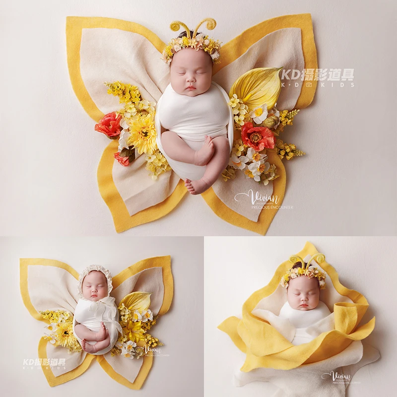 新生児写真撮影用小道具、蝶のテーマ、ヘッドフラワー付き幼児用ストレッチラップ、ベビーシャワーギフト用新生児写真撮影用衣装