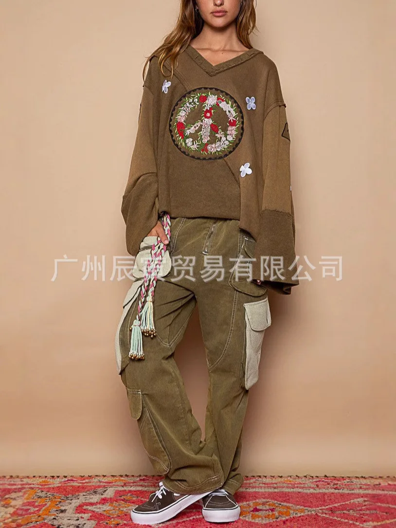 

Ins Peace Sweatshirt Vintage Rolled Hem Sweatshirt Distressed Embroidered Cotton Pullover Sweatshirt Oversized Chic Sweatshirts