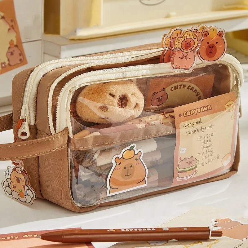 1 Set Capybara Large Capacity Multi-Layer Pencil Case Cute Clear Pencil Pouch Wide Opening Pencil Case For Kids