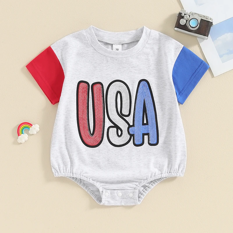 

Newborn Baby Summer Romper 4th of July Outfit Sequin Letter Print Short Sleeve Jumpsuit for Toddler Cute Clothes