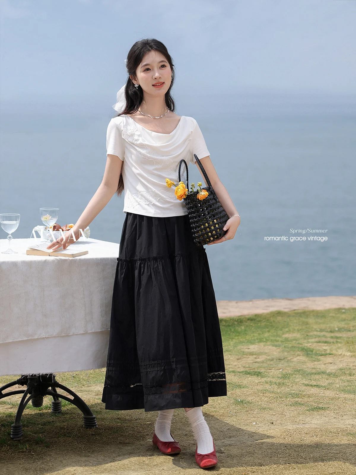 

ALXNAN Women's Skirt Black Cotton Elegant Long Skirt 2025 Summer A-line Lace Casual Loose-fit Holiday Midi Female Clothes L55261