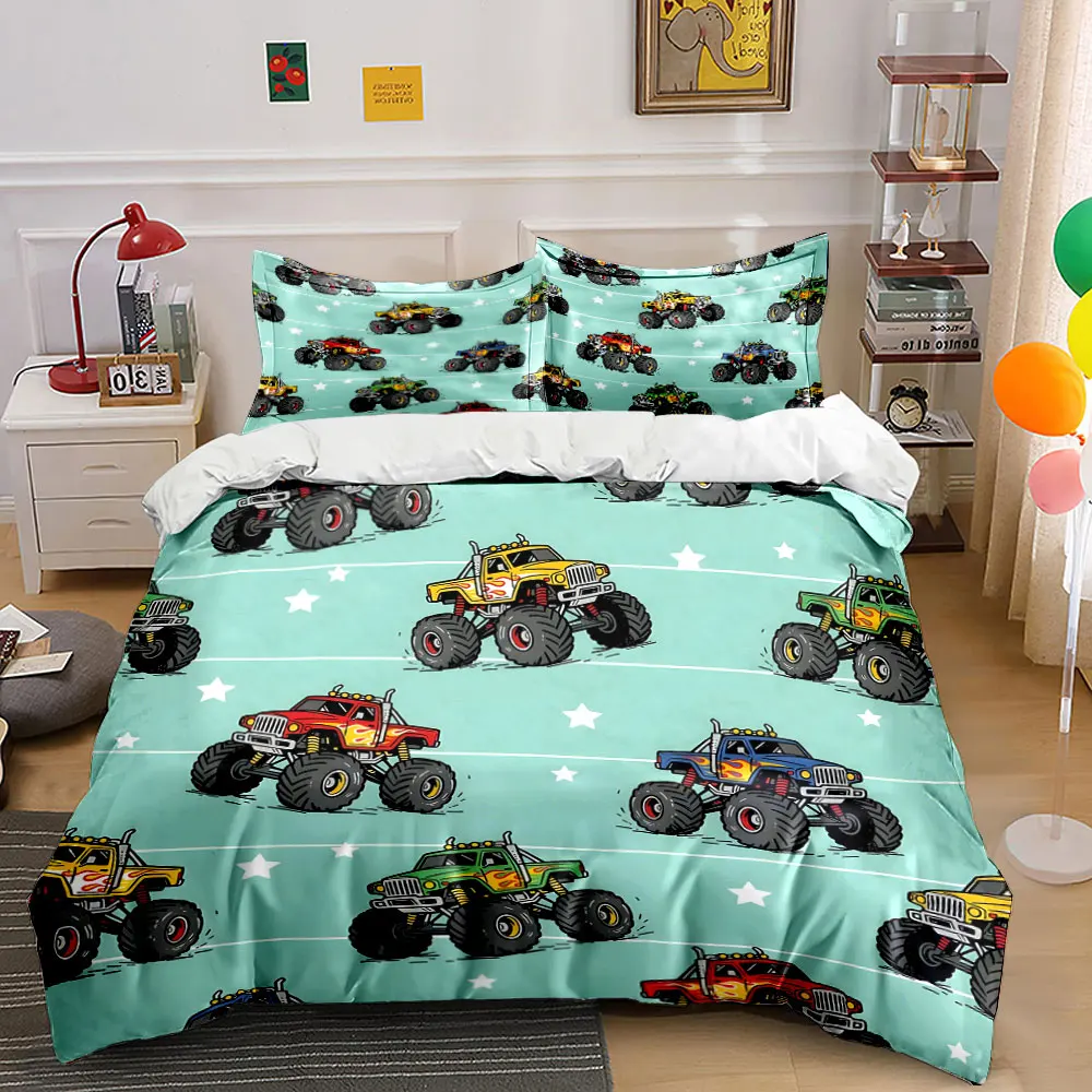 Cartoon Monster Truck Pattern Background Print Bedding Set 1 Duvet Cover 2 Pillowcases for Adult and Children Luxury Gift