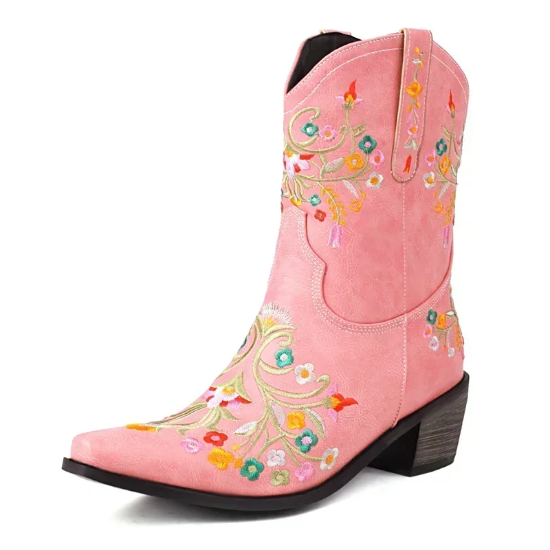

Embroidery Western Anke Boots Women Pink Purple White Red Flower Medium Heels Party Leisure Retro Square Toe Cowgirl Short Boots