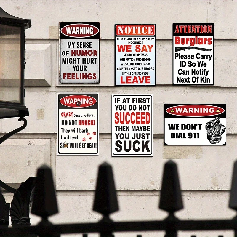 2D Flat 6pcs Vintage Warning Funny Humor Metal Tin Sign Gun Dog Burglar Caution Retro Iron Plaque Yard Garage Home Bar Wall Deco
