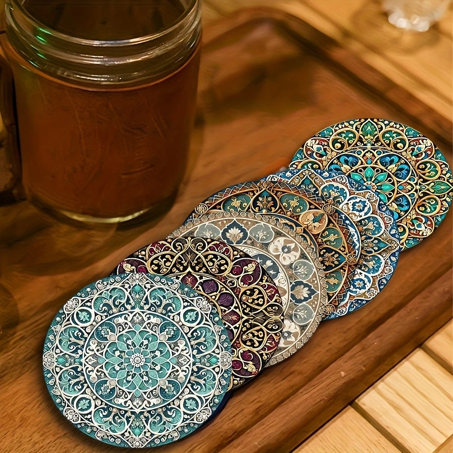 6 Stück 4 Zoll Farbe 2D marokkanisches Mandara Holzbechermatten-Set hitzebeständig rutschfest leicht zu reinigen Home Restaurant Café Dekoration