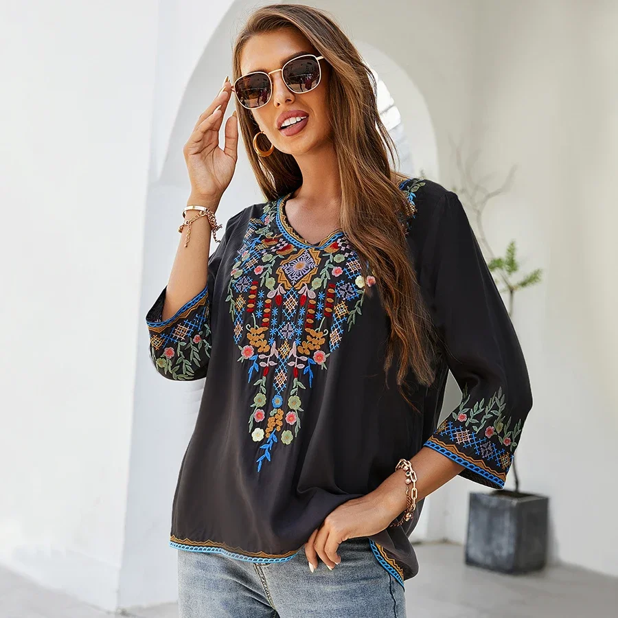 KHALEE YOSE Floral Embroidery Blouse Shirts Boho Vintage Chic Mexican Autumn Blouse 2xl 3xl Ethnic Hippie Women Shirt Blouse