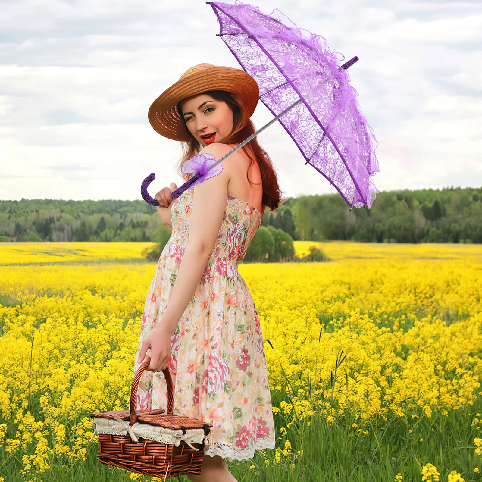 

Lace Umbrella Parasol Bridal Wedding Photography Prop Decorative Lightweight Portable Handle Elegant Tea Party Flower Girl Fancy