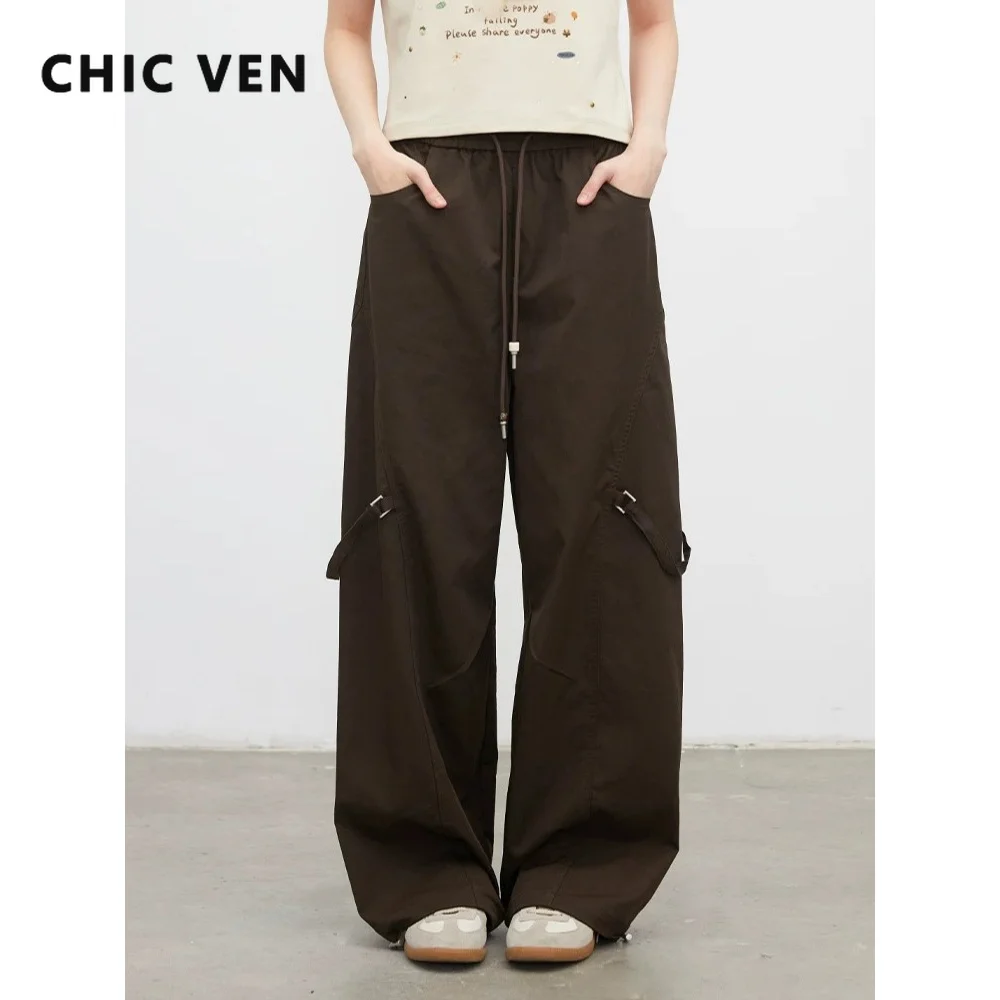CHIC VEN Women Pants Loose Casual Streetwear Drawstring Female Wide-Leg Trousers High-Waisted Pant Spring Autumn 2026
