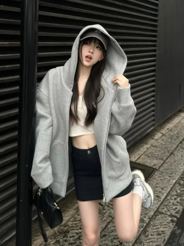 

Женская толстовка-кардиган на молнии, свободного кроя, тонкая, в корейском стиле, уникальная, красивая, однотонная, осень 2025