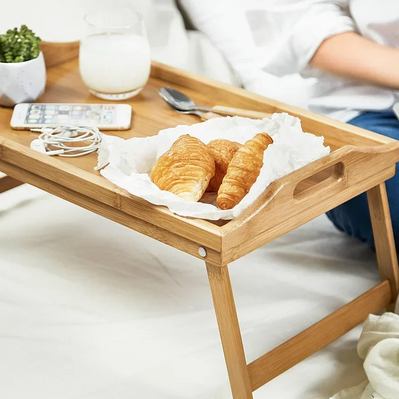 Bamboo Foldable Bed Tray with Supporting Legs Breakfast Lap Desk Lightweight Breakfast Stand Coffee Table Foldable Bed Food Tray