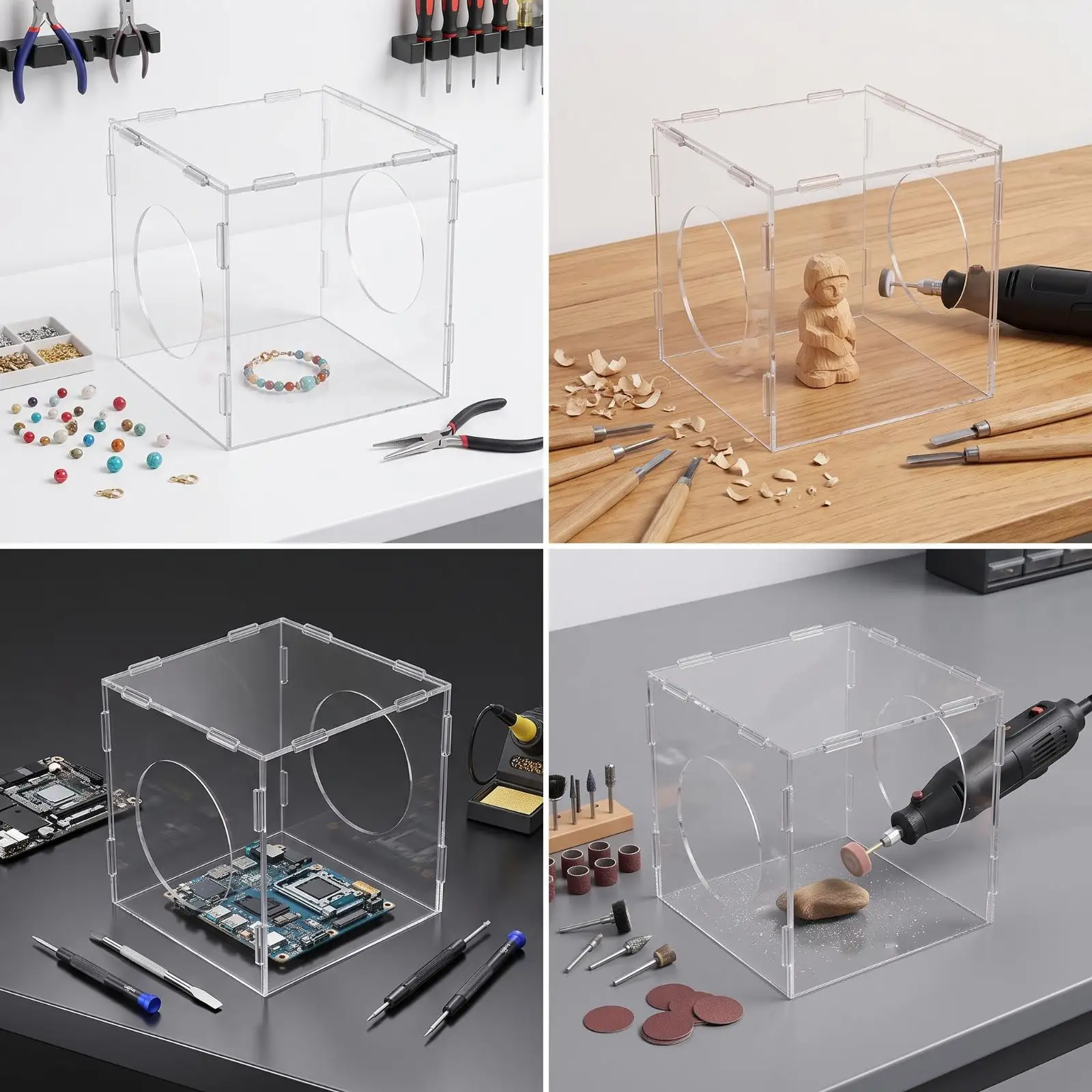 Clear Acrylic Dustproof Enclosure for Crafting Station Foldable Desktop Shield Box with Hand Access Openings